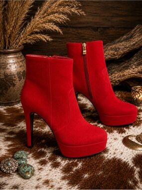 Red Suede Platform Ankle Bootie with Stiletto Heel size 7.5